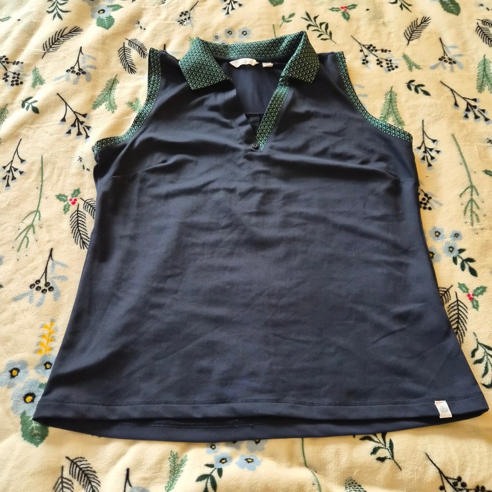 Lady Hagen Sleeveless Golf Polo Navy Blue Green Geometric Trim Small Golfcore